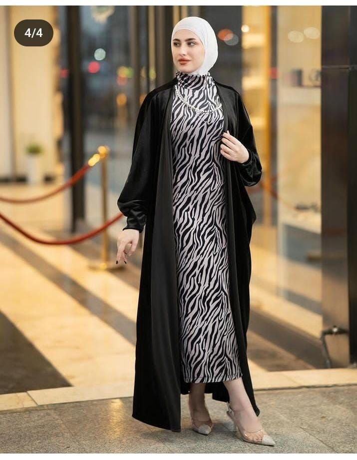 Mas3325 2 pcs set / women’s elegant zebra print dress with solid color long cardigan
